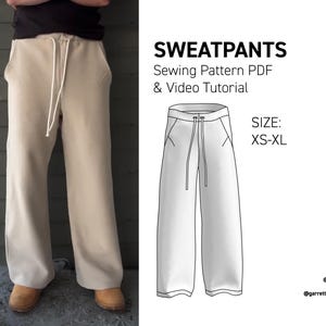 Könnte beinhalten: Beige Jogginghose mit Kordelzug und Taschen. Das Bild enthält auch eine Strichzeichnung der Jogginghose sowie den Text "SWEATPANTS Sewing Pattern PDF & Video Tutorial" und die Größen XS-XL.