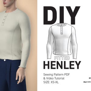 Może przedstawiać: Beżowa, dopasowana koszulka typu henley z długim rękawem i listwą guzikową. Obraz zawiera tekst: DIY FITTED HENLEY, Sewing Pattern PDF & Video Tutorial, SIZE: XS-XL, Difficulty: Easy, logo Terra oraz nazwy profili w mediach społecznościowych @terra.2k i @garretttrenholm.