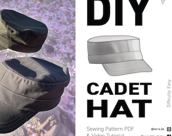 May include: Two dark green cadet hats are displayed against a blurred floral background. The hats have a flat top, a short brim, and a structured design. The image also includes a graphic of a cadet hat with the text "DIY CADET HAT" and sewing pattern details.
