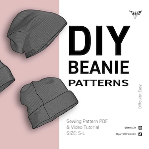May include: A graphic featuring three gray beanies, with the text "DIY BEANIE PATTERNS." The text also includes "Sewing Pattern PDF & Video Tutorial" and "SIZE: S-L." The background is a light pink.
