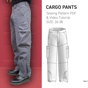 Könnte beinhalten: Graue Cargohose mit mehreren Taschen und Metallnieten. Das Bild enthält ein Schnittmuster-PDF und ein Video-Tutorial für die Größen 26-38. Der Schwierigkeitsgrad ist mittel.