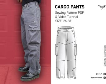 May include: Gray cargo pants with multiple pockets and metal rivets. The image includes a sewing pattern PDF and video tutorial for sizes 26-38. The difficulty level is intermediate.