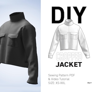 Puede incluir: Una chaqueta corta negra con cuello alto y dos bolsillos delanteros. La imagen también incluye un patrón de costura DIY con el texto "CROPPED JACKET" y "Sewing Pattern PDF & Video Tutorial". Tallas: XS-XXL.