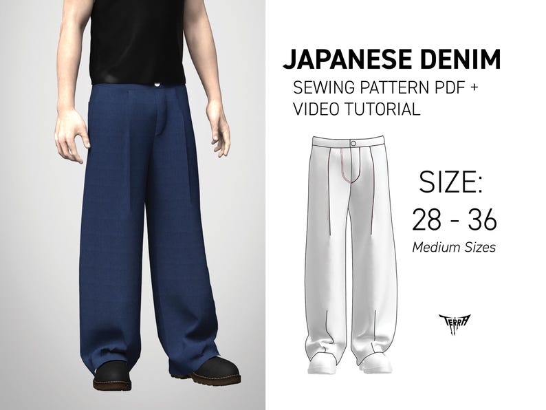 Baggy Pleated Denim Pants Sewing Pattern: Selvedge or Non-Selvedge (PDF & Video Instructions) image 1