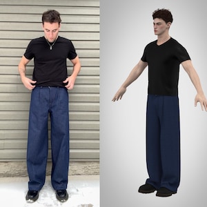 May include: A black t-shirt and dark blue denim pants. The pants have a wide leg design. The person is wearing black shoes. The background is a light brown wall.