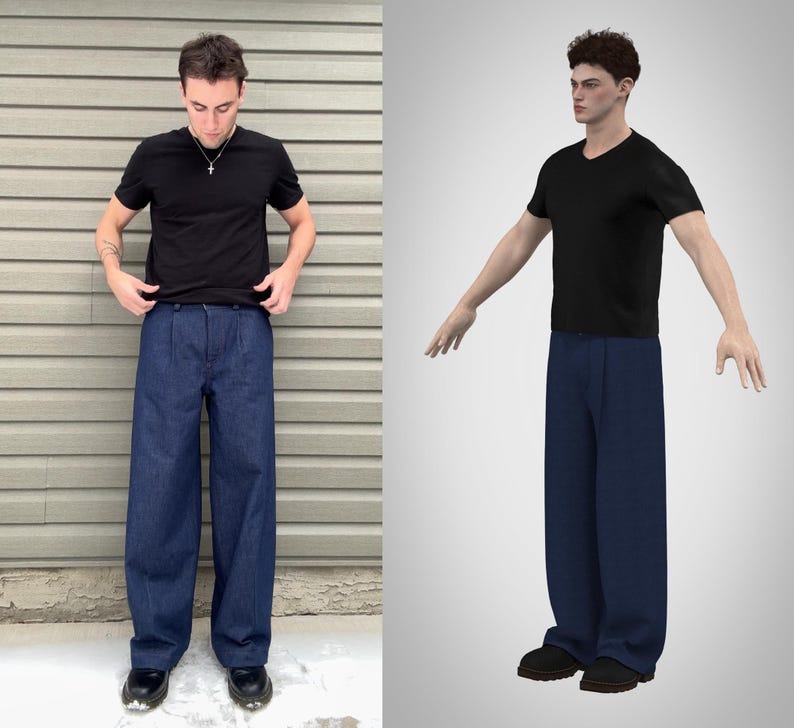 May include: A black t-shirt and dark blue denim pants. The pants have a wide leg design. The person is wearing black shoes. The background is a light brown wall.