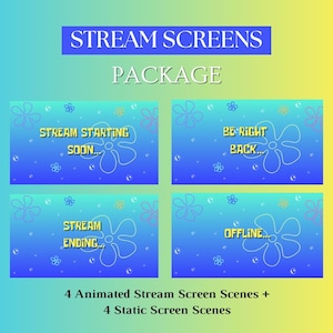 May include: A digital package of stream screens with a blue and yellow gradient background. The package includes four animated and four static scenes. Each scene features a SpongeBob-inspired design with text like "Stream Starting Soon" and "Offline."