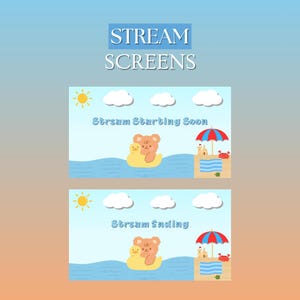 Animated Twitch Screens Summer Beach Bear Twitch Overlay - Stream Starting Soon - Be Right Back - Stream Ending - Offline Twitch Scenes OBS