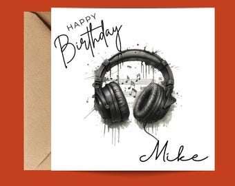Personalized Music Lover DJ Birthday Card, Vinyl Headphones Custom Name, Unisex Teen Birthday Cards
