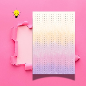 May include: A pink background with a torn section revealing a light pink surface. A dotted paper with a gradient of yellow, pink, and purple is on the right. A yellow lightbulb icon is in the upper left corner.
