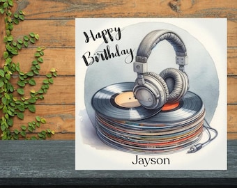 Gepersonaliseerde verjaardagskaart muziekliefhebber, vinylplaat en koptelefoonontwerp aangepaste naam, verjaardagskaarten tieners