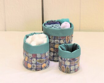 Set of 3 fabric canisters. Home organizer baskets.