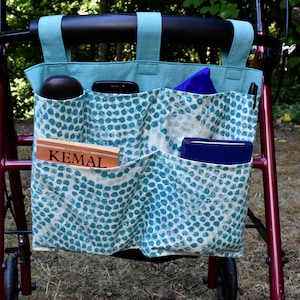 Walker bag, walker caddy, pockets organizer, Senior Gift, Accessible,  Repurposed, Upcycled, Blue Polka Dot