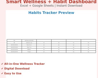 Smart Wellness Dashboard + Habit Tracker Spreadsheet | Interactive Health & Self-Care Tracker | Excel + Google Sheets | Digital Download