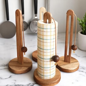 Solid Wood Paper Towel Holder | Wall Roll Rack for Kitchen | Plastic Wrap & Rag Storage | Rustic Punch-Free Organiser Shelf
