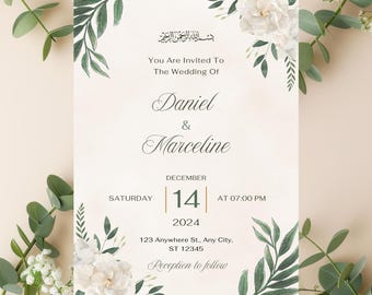 Invitación de boda minimalista en acuarela verde y crema / Elegante plantilla botánica imprimible / Suite de boda moderna