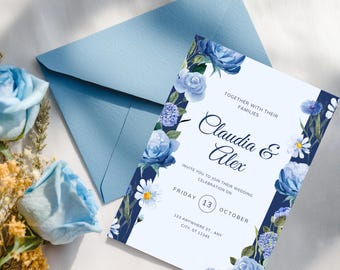 Plantilla de invitación de boda con acuarela floral: azul marino y celeste (imprimible)