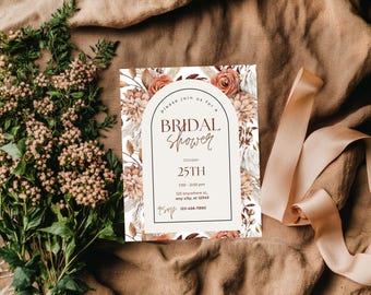 Invitación de despedida de soltera con acuarela floral bohemia / Plantilla imprimible rústica bohemia / Invitación editable para despedida de soltera