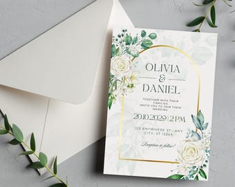 Invitación de boda elegante en verde y blanco / Plantilla botánica minimalista moderna / Paquete imprimible editable