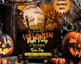 Invitación moderna para fiesta de Halloween: folleto editable naranja y negro (descarga digital)