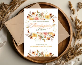 Invitación minimalista floral naranja y verde para cena de Acción de Gracias / Plantilla imprimible de otoño / Invitación moderna para reunión otoñal