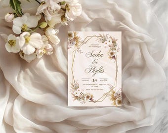 Invitación de boda rústica floral / Plantilla imprimible de boda bohemia campestre / Invitación editable