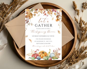 Invitación floral naranja y marrón para Acción de Gracias / Plantilla rústica para cena festiva de otoño / Invitación editable e imprimible