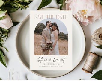 Invitación minimalista editable para guardar la fecha / Tarjeta de anuncio de boda neutra elegante / Plantilla imprimible