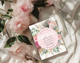 Invitación editable para despedida de soltera con flores en rosa ruborizado: Plantilla de acuarela bohemia/Descarga digital imprimible