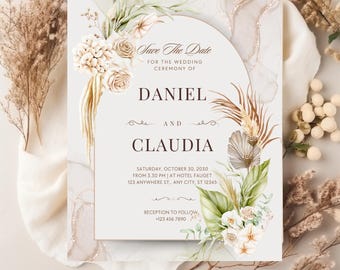 Invitación de boda floral en acuarela marrón y crema / Suite de boda rústica y elegante / Plantilla imprimible editable
