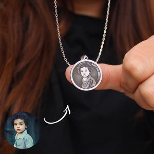 Real Picture Necklace, Custom Photo Engraved Necklace, Custom Portrait, Personalized Necklace, Mother&#39;s Day Gift, Gift for Dad, Gift for Her