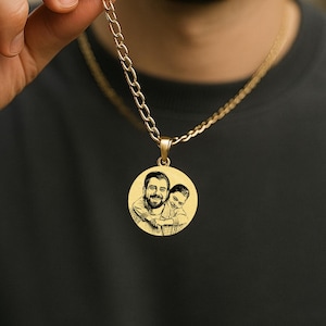 Real Picture Necklace, Custom Photo Engraved Necklace, Custom Portrait, Personalized Necklace, Father&#39;s Day Gift, Gift for Dad, Gift for Him