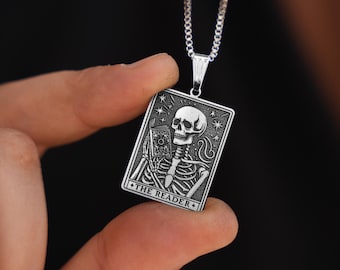 The Reader Tarot Card Necklace, 14K Gold Skeleton Necklace, Bookworm Necklace, Handmade Book Lover Necklace, Book Lover Gift