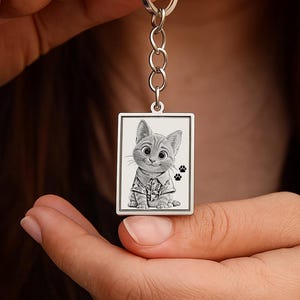 Custom Cartoon Pet Portrait Engraved Keychain, Personalized Cartoon Portrait Keychain, Cartoon Portrait from Photo, Custom Picture Keychain