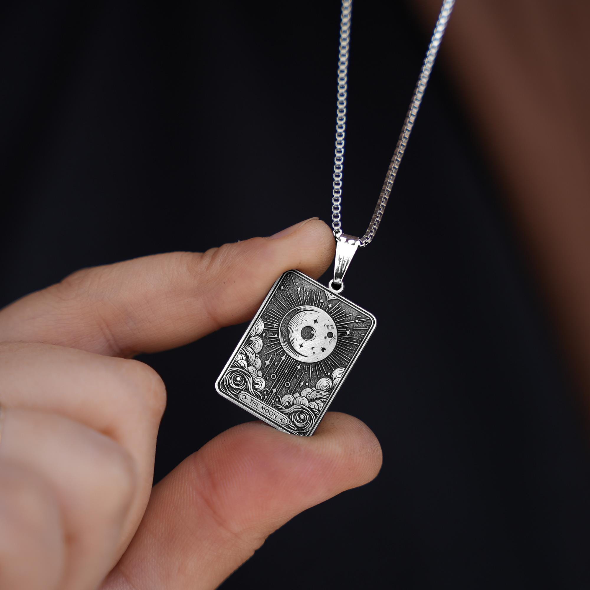 The Moon Tarot Card Necklace, 14K Gold Moon Necklace, Handmade Moon Jewelry, Tarot Card Charm Gift for Her, Tarot Card Pendant Jewelry