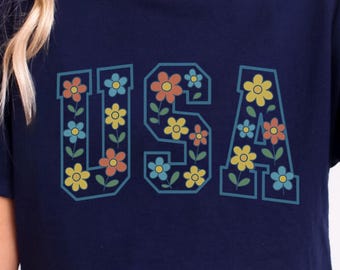 USA Floral T Shirt, Retro Americana Flowers, Fourth Of July