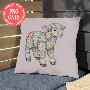 May include: A cushion with a patchwork lamb illustration. The lamb is made of floral and patterned fabrics in pastel shades. The cushion has a pink background and the text "PNG ONLY" is visible.