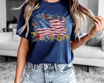 Patriotic Shirt | Floral Flag Tee | Fourth Of July Outfit | Americana Graphic Top