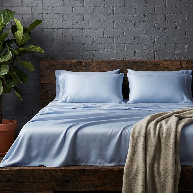 May include: A bed with light blue sheets and pillowcases. A tan blanket is draped over the edge of the bed. The bed frame is made of wood. A potted plant is visible on the left side of the image.