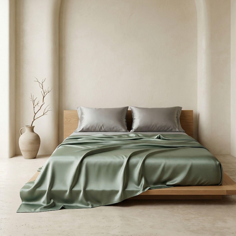 May include: A bed with sage green silk sheets and two gray pillowcases. The bed is on a light wood frame. A decorative vase with a branch is on the left side of the bed.