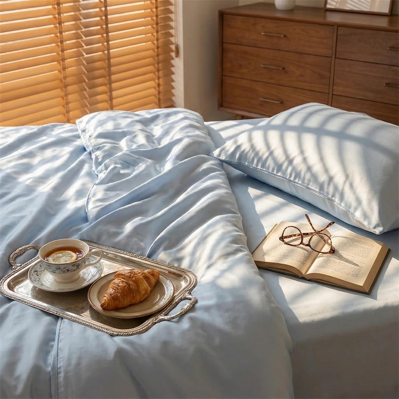 May include: A light blue bed with a matching duvet and pillow. A silver tray holds a cup of tea with a lemon slice and a croissant. An open book and eyeglasses rest on the bed, near a window with wooden blinds.