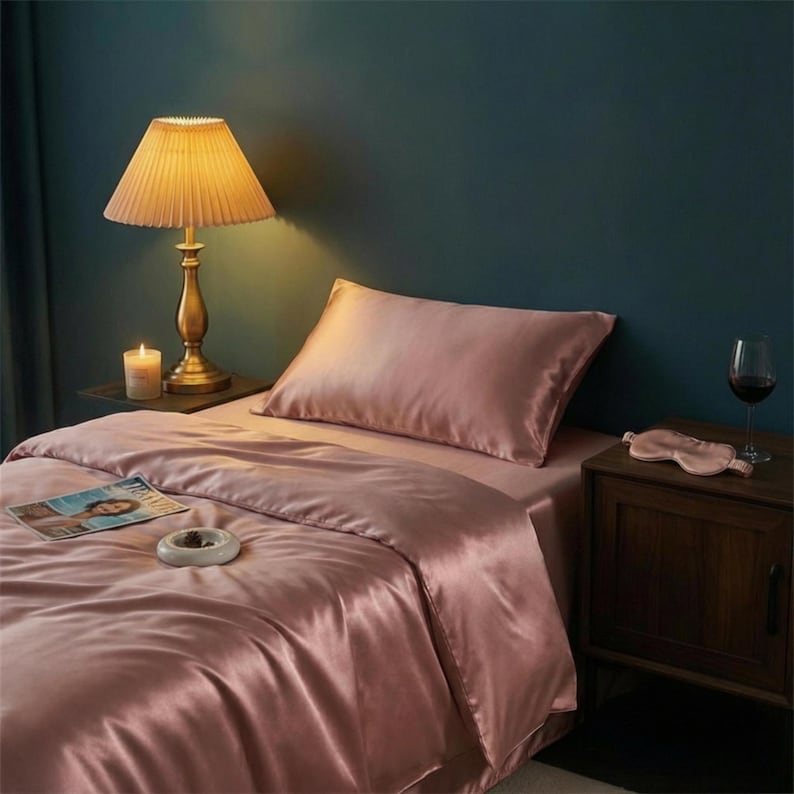 May include: A bedroom scene featuring a bed with a dusty rose satin duvet cover and pillow. A gold-toned lamp with a pleated shade sits on a nightstand, along with a lit candle and a magazine. A wine glass and eye mask are also on the nightstand.