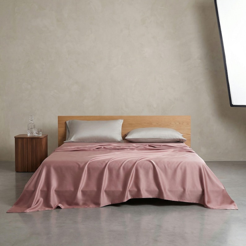 May include: A bed with a wooden headboard is covered with a dusty rose-colored sheet set. Two gray pillows rest on the bed. A small wooden nightstand with a glass carafe and two glasses sits to the left of the bed.