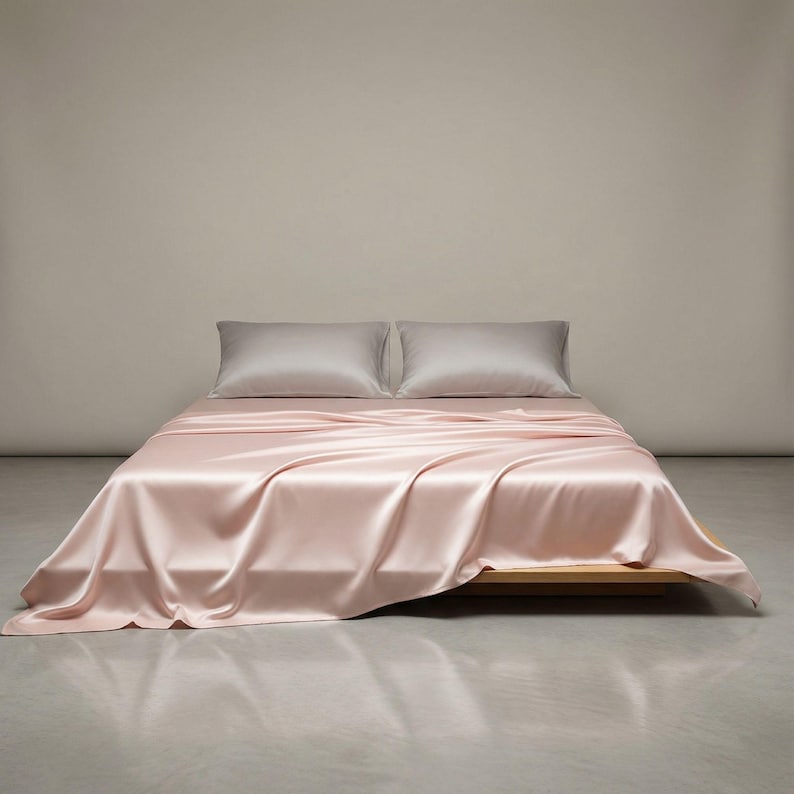 May include: A bed with a light pink silk sheet and two gray silk pillowcases. The bed frame is made of light-colored wood. The silk bedding has a soft, lustrous sheen, creating a luxurious and elegant aesthetic.