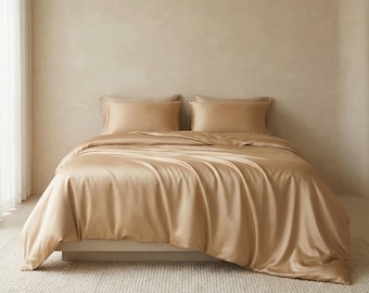 Juego de ropa de cama de seda de morera 100%, 4 piezas: funda nórdica, sábana encimera y fundas de almohada. Sábanas de seda de lujo de 22 momme. Tamaño Queen y King.