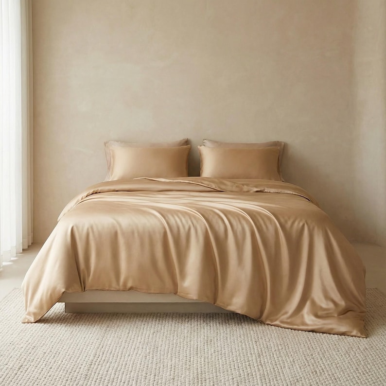 May include: A bed with a beige satin-like comforter and two matching pillowcases. The bedding is draped over a white bed frame, and the room has a neutral color palette. The bed is on a light-colored rug.