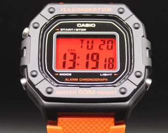 Custom Red Casio W218H Watch with Orange Strap | Retro Digital Mod