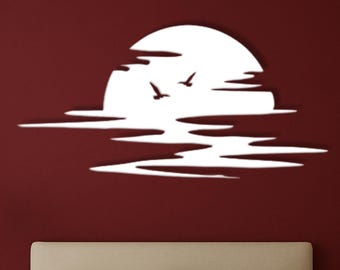 Minimalist Sunrise Metal Wall Art, Seagulls, Modern Line Art