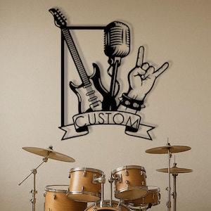 Personalized Rock Music Metal Wall Art, Custom Electric Guitar & Microphone Sign, Rock On Wall Decor, Man Cave Gift for Guitarists, Gifts