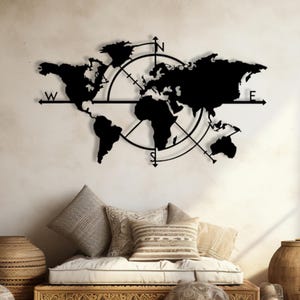 Carte du monde en métal avec boussole, décoration murale en métal pour salon, décoration murale moderne inspirée du voyage